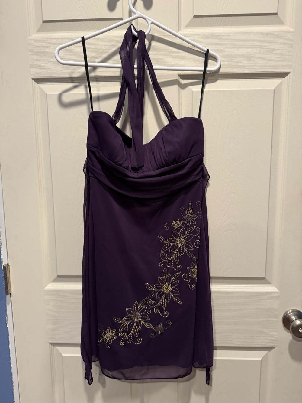 Ruby Rox Purple Strapless/Halter Cocktail Dress with Gold Floral Embroidery